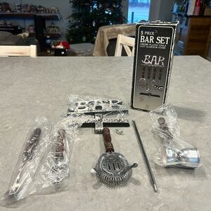 Vtg Bar Set Chrome Plated Wood Handled Cast Aluminum Stand 5 Piece Unused